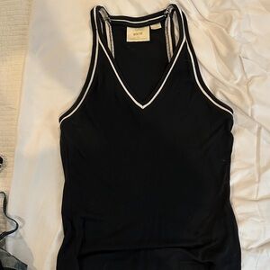 Maje Black V-Neck Tank Top with White Trim